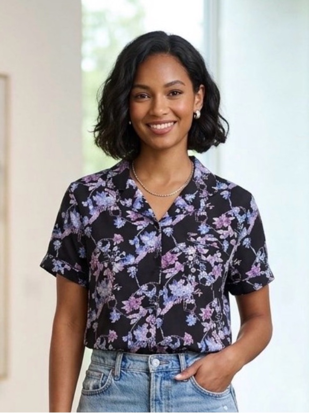 Black Floral Notch Collar Top